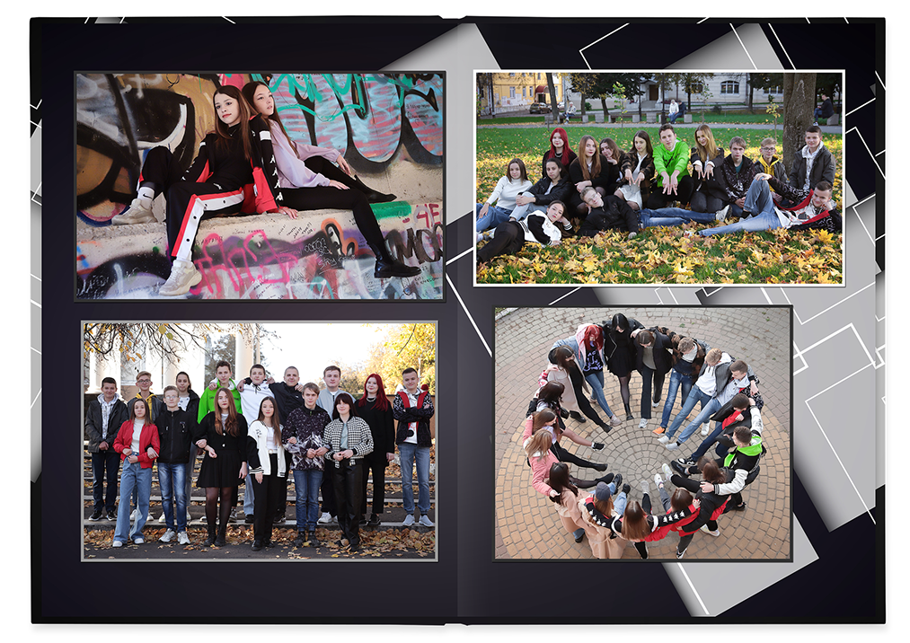 Выпускной альбом для старшеклассников. Постраничная фотокнига "Геометрия".  Альбом для выпускников 9-11-х классов.